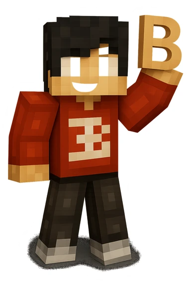 Edit the image to make the character hold the letter B in their hand, keeping the original Minecraft cartoon style and pose. Only add the letter B, do not change anything else. sticker