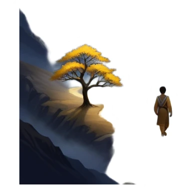 A man walks a winding path from a dark, foggy landscape filled with shadows toward a glowing mountaintop. A light grows in his chest as he follows his intuition. Along the way, he passes symbols of ambition and emptiness, until he reaches a golden tree under a starry sky, and ready to uplift others. sticker