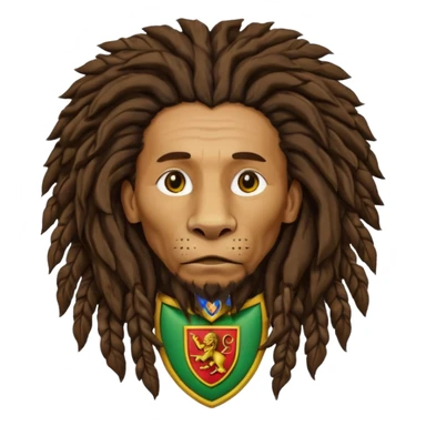 old melancholic  Bob Marley with gigantic dread locks in form heraldic crest with ethiopian lion sticker