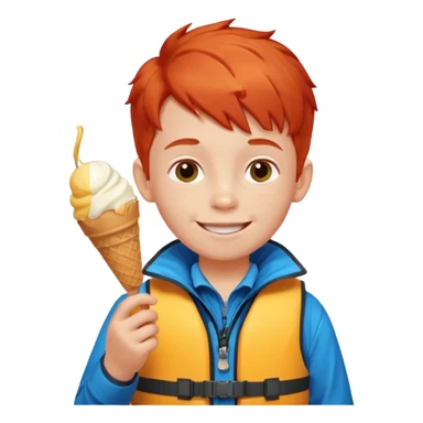 boy kid red haired wearing lifejacket, eating ice cream, sun sticker