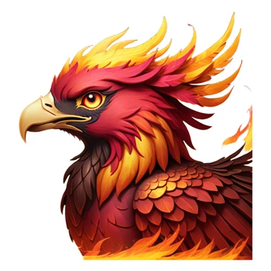 Cinematic Noble Battle-Hardened Mystical Fire Phoenix Portrait Emoji, with scorched, battle-scarred plumage in deep crimson, burnt gold, and smoldering ember hues. Its piercing eyes, hardened by countless conflicts, blaze with unyielding resolve and ancient wisdom. The elongated tail feathers bear vivid marks of fiery combat, rendered with lifelike texture and dynamic highlights, high shine, exuding an aura of mythic martial valor, focused and commanding, with a soft glowing outline that captures a phoenix forged in the fires of war. sticker