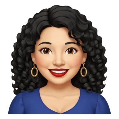 40 yr old Mexican woman, slightly chubby, wavy/curly long black hair, red lipstick, big smile, white teeth, brown eyes, hoop earings, side part to hair, round face, nice blouse, no wrinkle hair side swept, big hoop earing sticker