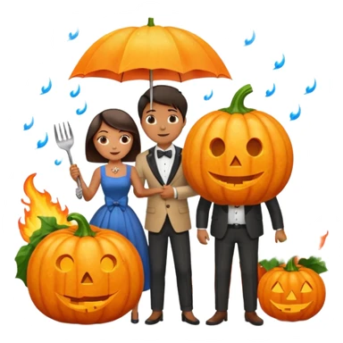 Make a guy hugging a giant pumpkin with a fork in his right hand while there's fire while there's a lady watching while it's raining while there's an umbrella on the ground that's alive and the sun has a bow tie on his neck sticker
