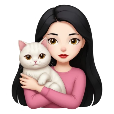 Beautiful Girl Long Hair black, Brows Big , Skin White, Top Pale Pink , Big Red Lips, EyesCoffe , Hug Little baby Persa Cream Cat With Cute Eyes sticker