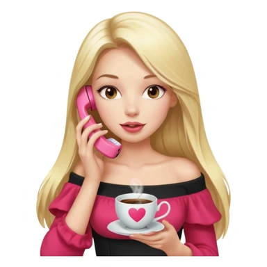 exaggerated features of woman with straight long blond hair, gossiping on a pink analogue phone, holding a tea cup, wearing an off-shoulder black top, red face sticker