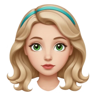 Generate an emoji of a white girl with a round face structure, light brown almost blonde loose curls, large forehead, brown arched brows, almond big green eyes with a lil blue in them, large rosy cheekbones and big rosy lips and a jawline sticker