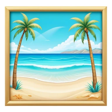 Cinematic Realistic Pristine Crystal-Clear Water Beach Emoji in a wooden frame, Sunny and radiant, with soft golden sand stretching endlessly, gently lapping waves of crystal-clear turquoise water washing onto the shore. The water is so transparent it reveals the shimmering seabed below, creating an idyllic, pristine setting. Above, the sky is a vivid blue, with a few gentle wisps of clouds. Palm trees sway gracefully in the warm breeze, their reflections mirrored in the water. Soft glowing outline, capturing the essence of a peaceful, serene beach paradise where every element gleams with natural beauty. sticker