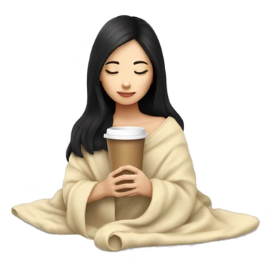 Asian girl inside a blanket sipping coffee eyes closed black hair sticker