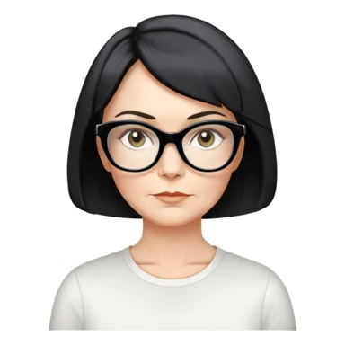 white woman, about 50 years old, light warm skin, short black bob haircut with slight waves at ends, neutral-determined expression, large black shiny butterfly or cat-eye glasses, white casual t-shirt, calm and creative energy sticker