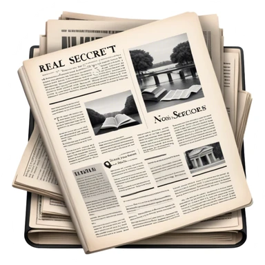 Icon for Non-Fiction & Narrative Reading: an open book with black-and-white photos on the pages, surrounded by a pile of newspaper clippings, and an open folder with top-secret documents. The icon should reflect the blend of real stories and facts in non-fiction literature. Transparent background. sticker