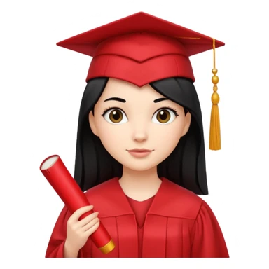 white girl with straight black hair in a red graduation cap and gown, holding diploma sticker
