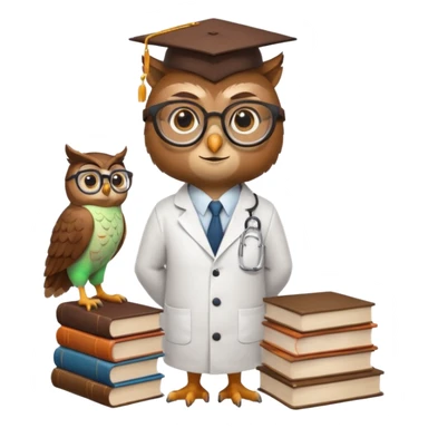 Wise owl with glasses, wearing a lab coat, perched on a stack of books. sticker