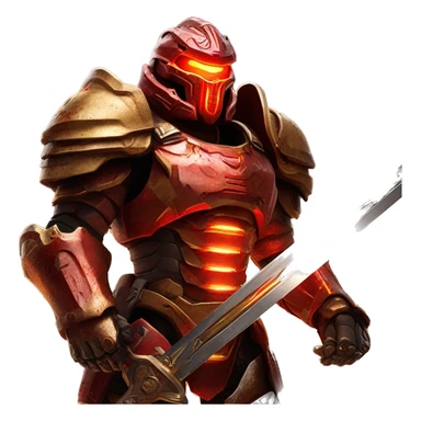the Doom Slayer, a formidable armored warrior from a sci-fi game, clad in detailed red and gold armor, wielding a glowing sword against an apocalyptic backdrop. sticker