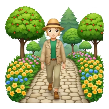 somone walking in a garden on a path with flower and trees around him sticker