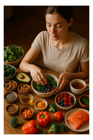 A realistic, cinematic flat-lay image of a clean wooden kitchen table filled with fresh, colorful whole foods known to help reduce androgen excess naturally. The table includes leafy greens like spinach and kale, avocados, berries, colorful vegetables, nuts, seeds (chia and flaxseeds), wild-caught salmon, and herbal teas, carefully arranged in an aesthetically pleasing, organized manner. A small glass bowl with olive oil and another with turmeric powder are included, emphasizing anti-inflammatory properties. In the scene, a young woman with clear, healthy skin and a calm expression is preparing a bowl with these ingredients, symbolizing a hormone-balancing diet. Warm, natural daylight streams in, creating a cozy and inviting atmosphere. The style is hyper-realistic 35mm photography, with vibrant yet soft colors, showcasing textures of the fresh produce and the peaceful vibe of using nutrition to support hormonal balance sticker