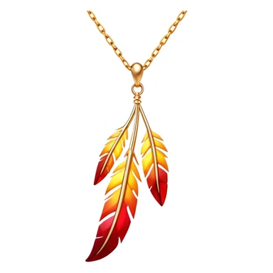glowing ruby pendant shaped like a phoenix feather, red-yellow gradient, chain suspended midair with rebirth aura sticker