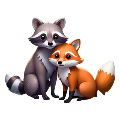 Collage of a raccoon and a fox, in close-up, surrounded by a colorful forest with rich green trees, thick bushes, and vibrant foliage. Sunlight peeks through the branches, casting warm light on the animals. A lively, natural setting with a transparent background. sticker