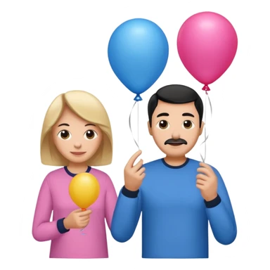 Mom in pink shirt dad in blue shirt holding 1 baloon black sticker