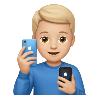happy little kid with a phone, apple style emoji, wearing a blue shirt, concise style typical of apple emojis sticker