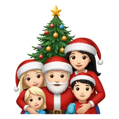 Generate Christmas-style emojis  family. Where light-skinned people stand near the tree all together, hugging and smiling.  girl should be Light-haired woman, woman, black-haired woman, and 1 man . Add 4 people: Mother, Sister, Sister, Brother  sticker