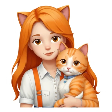 White girl - long hair - white suspenders - hugging - a orange cat sticker