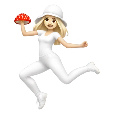 White Girl wearing an all white dancing outfit dancing with a red and white mushroom  sticker