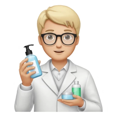 blonde man with white coat and glasses holding skincare products sticker