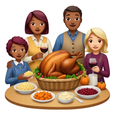 Thanksgiving Dinner with 10 people of different skin color around the table; have the food be a cooked turkey, mashed potatoes, corn, a basket of biscuits, a small bowl of cranberry sauce, baked yams, steamed vegetables, and a bottle of wine. sticker