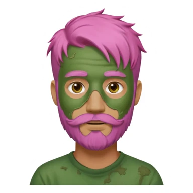 pink haired man with full full face dirty messy green clay mask and beard sticker