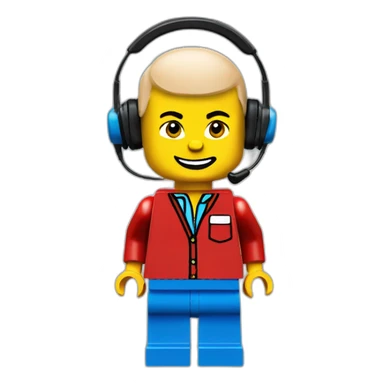 LEGO customer service bald men with headset with red shirt sticker