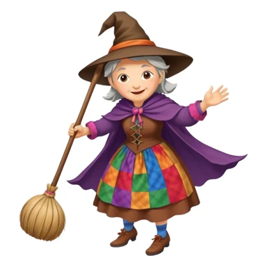 Befana flying on a broomstick: friendly old witch with a warm smile, big nose, rosy cheeks, wearing a colorful patchwork dress and shawl, riding a classic wooden broom. sticker