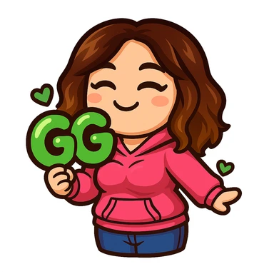 Sticker style chibi emote, matching the attached green heart emote as a base, but with a slightly skinnier body and a bigger chest. Woman from reference, pink hoodie and blue jeans, holding a large, bubbly 'GG' sign with hearts, cute happy face, no headband, no wand, transparent background. Top color should not match jeans. sticker