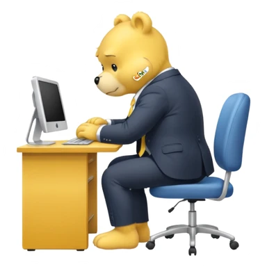 Yellow Care bear sad in suit back view, sit on a chair, working on a computer, with a big desk sticker