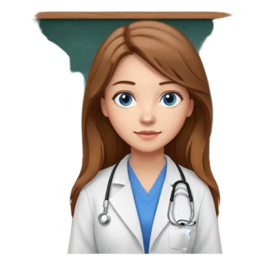 pretty female nursing student with long brown hair, blue eyes inside a classroom at university with blackboard behind her sticker