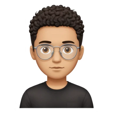 Young Latino male with small oval face, prominent forehead, aviator eyeglasses with metal frames, completely shaved sides with minimal dark curly hair on top only, gentle neutral expression, brown skin tone, simple black t-shirt sticker