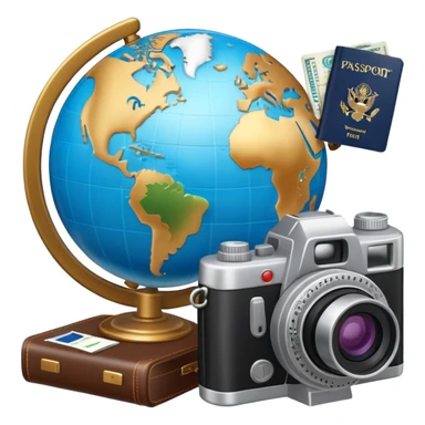 Globe with passport and camera, world travel sticker