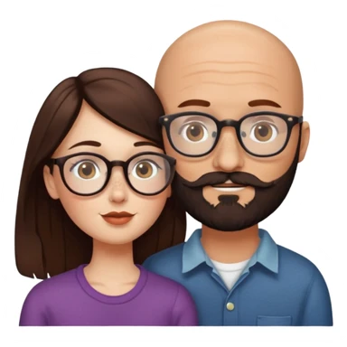 Couple. Bald man with dark brown-black beard. White woman with many small, faded freckles, she has white skin and she has auburn-brown-cinnamon, dark long hair. She has light brown eyes. The man have hazel eyes and the man wear glass. She have light eyes. Retro style. She kisses him. sticker