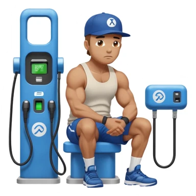 A naked man with bulging muscles sits in a thoughtful pose at a Bluetti charging station. sticker