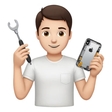 make a white guy with dark brown hair, with a simple white o grey shirt, repairing an iphone happy, tecnician with small tools sticker