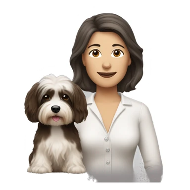 tan skinned middle aged woman with brown hair, with black and white havanese dog sticker