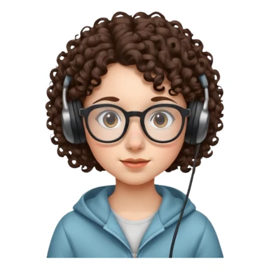 brunette kid with unique face features and very curly hair kid girl neutral and big glasess and big nose and dark eyes with freckles kind of nerd looking and headphone wearing sticker