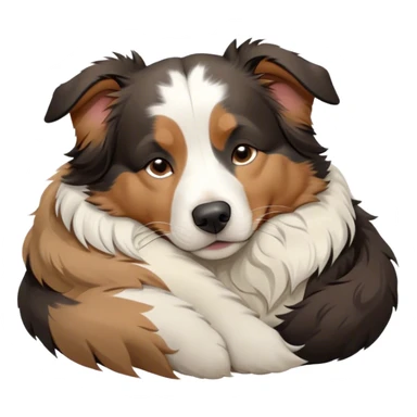 Cinematic Chubby Sleeping Tri-Color Australian Shepherd Portrait Emoji, Chubby and serene, with a round, adorable build and a plush tri-color coat of black, white, and tan, eyes gently closed in peaceful slumber, Simplified yet irresistibly endearing features, highly detailed, glowing with a gentle, dreamy glow, high shine, relaxed and content, stylized with a touch of whimsy, bright and heartwarming, soft glowing outline, capturing the essence of a blissfully sleepy herder, so comically serene it feels like it could roll out of the screen and snore with adorable charm! sticker