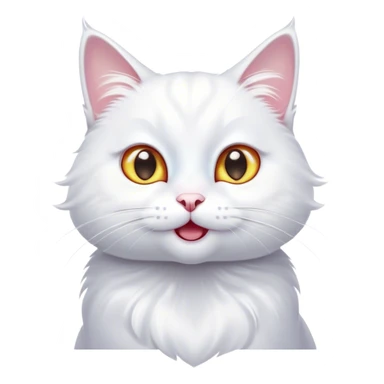 Cinematic Comical White Cat Portrait Emoji, Head tilted in an exaggerated, surprised manner with wide, sparkling eyes, showcasing a pristine white fur with subtle hints of silver and an animated, goofy expression, simplified yet whimsically detailed, glowing with a playful, bright radiance, high shine, exuding a lighthearted and comical charm, styled with a soft glowing outline, capturing the essence of a white cat that looks ready to prance comically off the screen! sticker