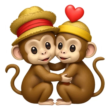 two cartoon monkeys hugging and kissing. The larger monkey is wearing a yellow straw hat like Luffy’s from One Piece. The smaller monkey is wearing a solid red headband. A small red heart floats between them to express affection. sticker