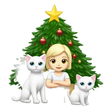 Blond baby with two white Sibirien cats next to a Christmas tree sticker