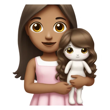 Little Girl with White skin, black eyes. Long brown hair with. She is wearing a pink and White dress, standing and holding on to a doll sticker