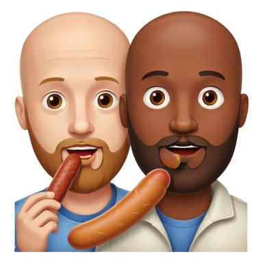 Two man eating one sausage, both bald, both have beards, one African American and the other Caucasian  sticker
