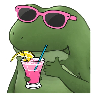 Bufo frog with pink sunglasses, holding a rainbow cocktail, in bufo style, transparent background sticker