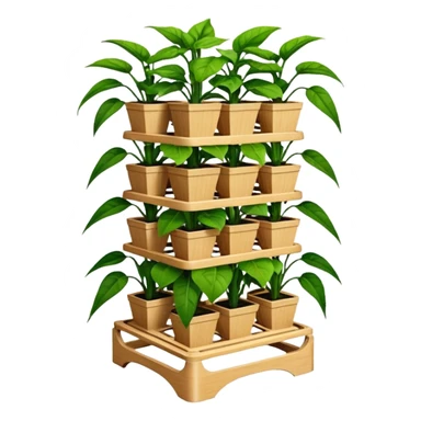 Very Large decorative alien-futuristic multi-tier multi-level square-sided plant rack, which holds pepper plants, constructed from plywood sticker