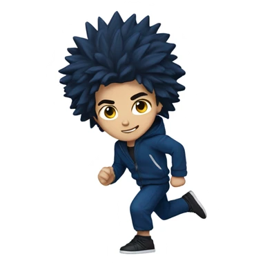 13-year-old Caucasian male martial artist boy running with big black spiky hair. He is wearing a dark blue headband, a dark blue hooded letterman jacket with dark blue sleeves and a black hoodie,  sticker
